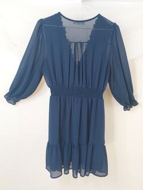 Ever B Navy Blue Chiffon Smocked Waist Mini Dress Boho Ruffle Sleeve Large